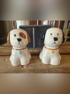 Ceramic Dog Salt and Pepper Shakers - White with Brown and Black Accents